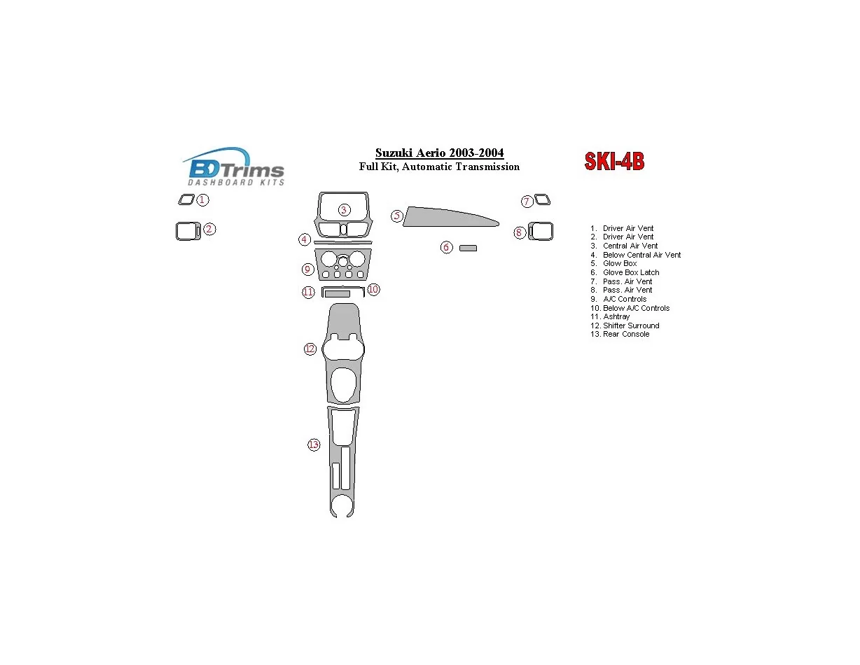 Suzuki Aerio 2003-2004 volledige set, automatische versnellingsbak interieur BD dash trim kit - 1