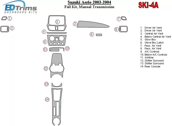 Suzuki Aerio 2003-2004 Volledige set, handgeschakelde versnellingsbak Interieur BD Dash Trim Kit - 1