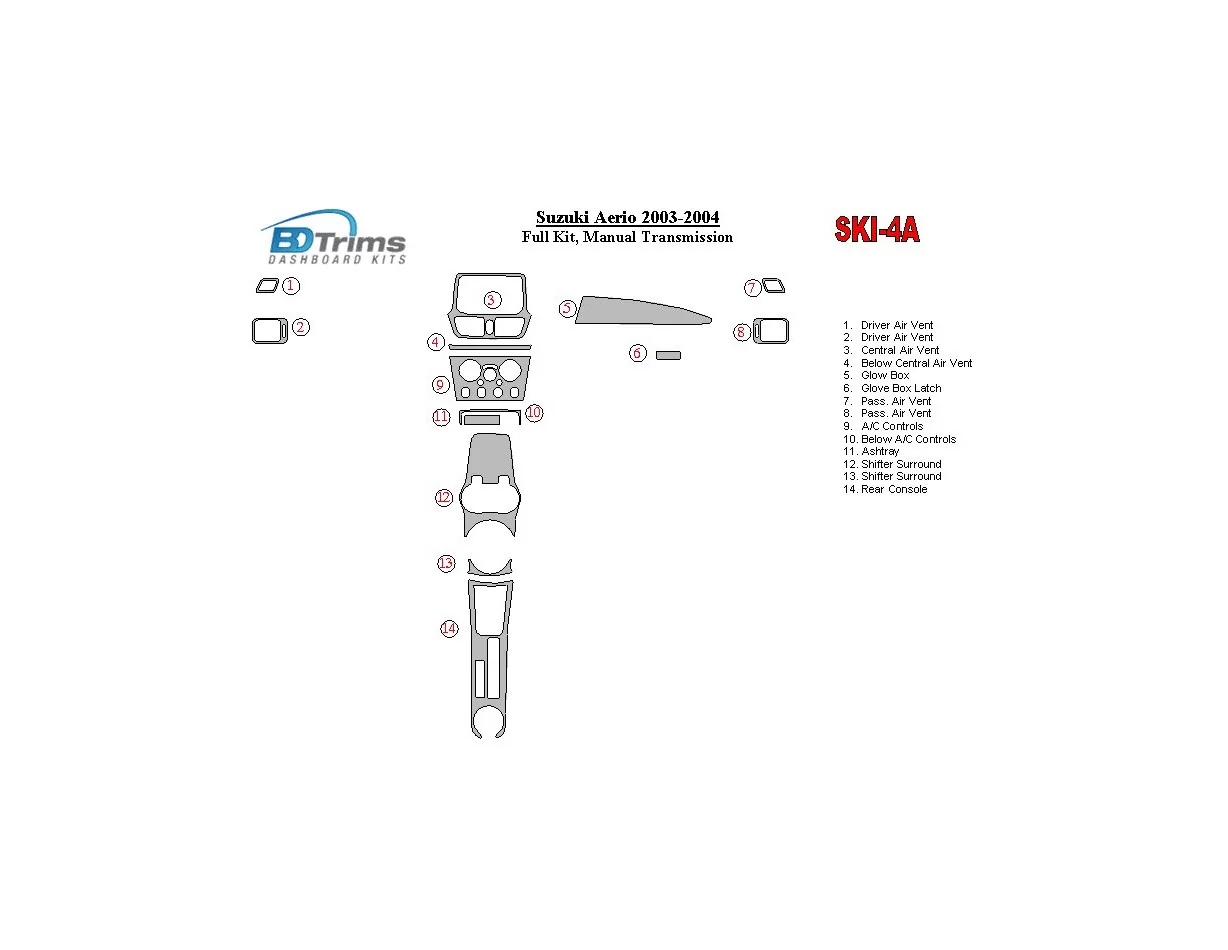 Suzuki Aerio 2003-2004 Volledige set, handgeschakelde versnellingsbak Interieur BD Dash Trim Kit - 1