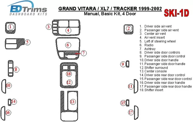 Suzuki Grand Vitara 1999-2002 Suzuki Gr Vitara/XL7,1999-UP, handgeschakelde versnellingsbak, basisset, 4 deuren interieur BD da Suzuki Grand Vitara 1999-2002 Suzuki Gr Vitara/XL7,1999-UP, handgeschakelde versnellingsbak, basisset, 4 deuren interieur BD da