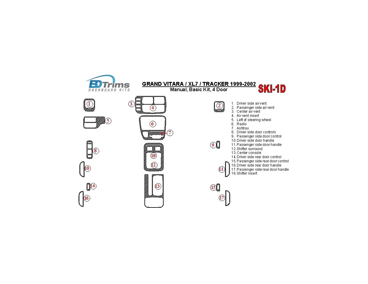 Suzuki Grand Vitara 1999-2002 Suzuki Gr Vitara/XL7,1999-UP, boîte de vitesses manuelle, ensemble de base, kit de décoration de 