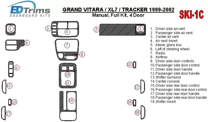 Suzuki Grand Vitara 1999-2002 Suzuki Gr Vitara/XL7,1999-UP, handgeschakelde versnellingsbak, volledige set, 4 deuren interieur Suzuki Grand Vitara 1999-2002 Suzuki Gr Vitara/XL7,1999-UP, handgeschakelde versnellingsbak, volledige set, 4 deuren interieur