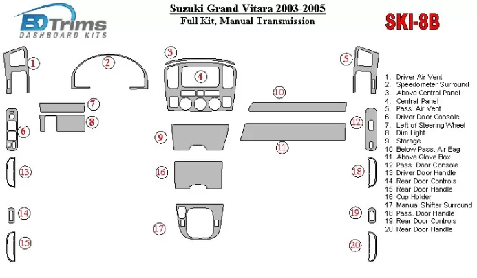 Suzuki Grand Vitara 2003-2005 Full Set, Manual Gear Box Interior BD Dash Trim Kit - 1 - Interior Dash Trim Kit Suzuki Grand Vitara 2003-2005 Full Set, Manual Gear Box Interior BD Dash Trim Kit - 1 - Interior Dash Trim Kit