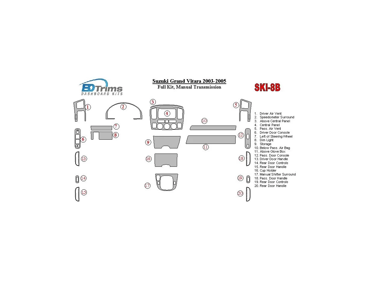 Suzuki Grand Vitara 2003-2005 Ensemble complet, kit de garniture de tableau de bord intérieur BD pour boîte de vitesses manuelle