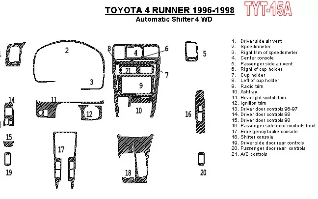Toyota 4 Runner 1996-1998 Automatic Gearbox, 4WD, 21 Parts set Interior BD Dash Trim Kit - 1 - Interior Dash Trim Kit Toyota 4 Runner 1996-1998 Automatic Gearbox, 4WD, 21 Parts set Interior BD Dash Trim Kit - 1 - Interior Dash Trim Kit