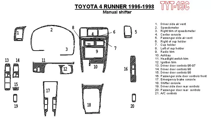 Toyota 4 Runner 1996-1998 handgeschakelde versnellingsbak, 21-delige set interieur BD dashboardafwerkingsset - 1 Toyota 4 Runner 1996-1998 handgeschakelde versnellingsbak, 21-delige set interieur BD dashboardafwerkingsset - 1
