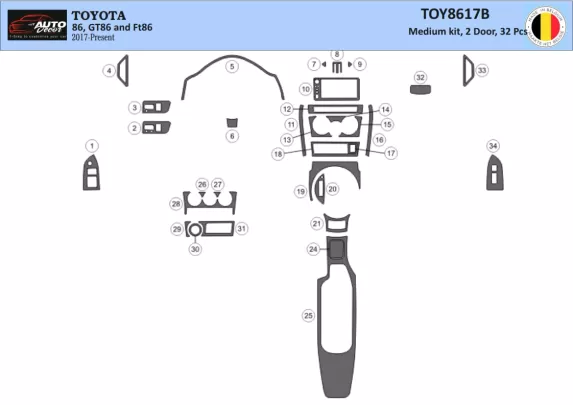 Toyota 86 2017-2021 Kit de garniture de tableau de bord intérieur 3D Dash Trim Dekor 32-Parts - 1 Toyota 86 2017-2021 Kit de garniture de tableau de bord intérieur 3D Dash Trim Dekor 32-Parts - 1