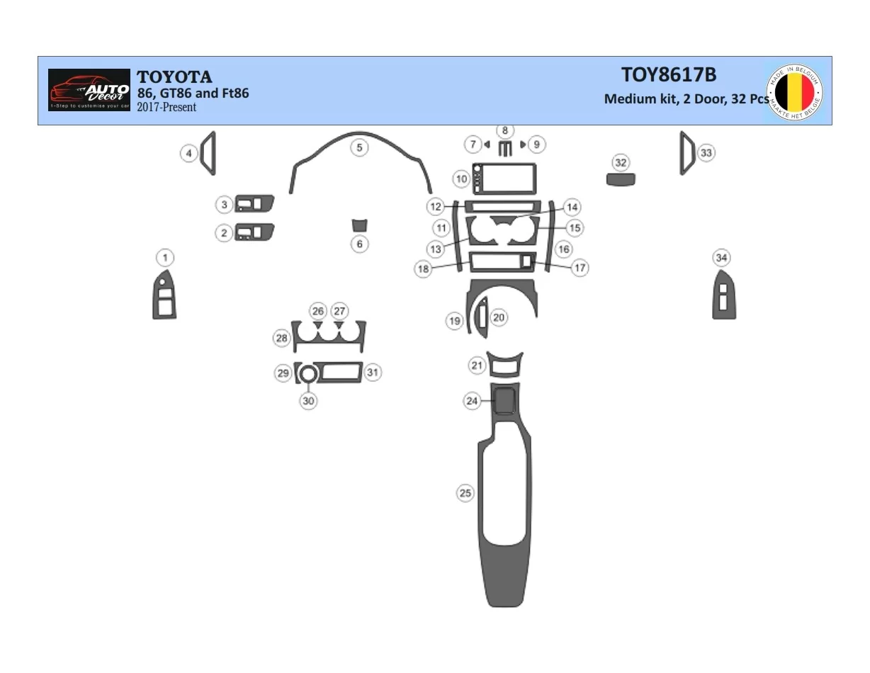 Toyota 86 2017-2021 Kit de garniture de tableau de bord intérieur 3D Dash Trim Dekor 32-Parts - 1