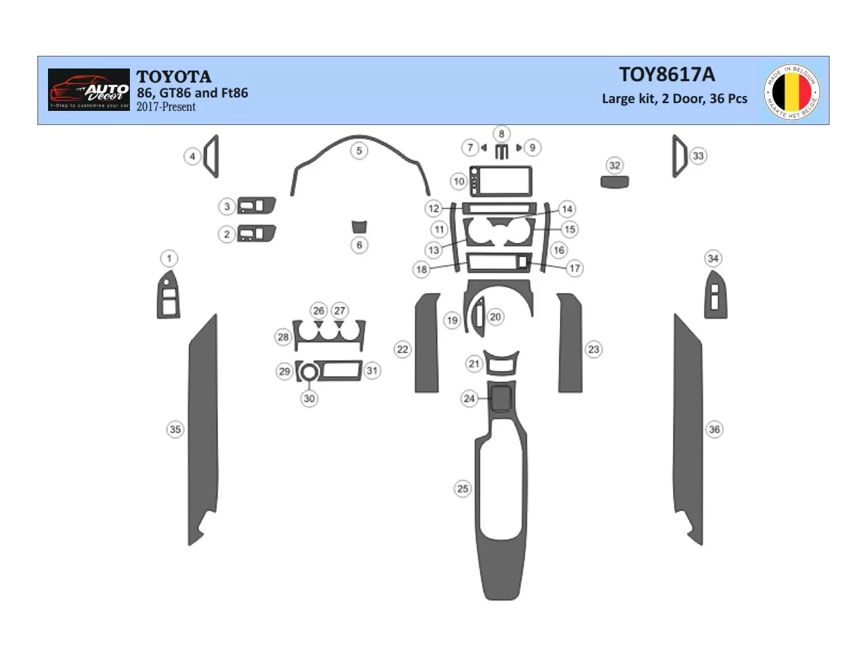 Toyota 86 2017-2021 Kit de garniture de tableau de bord intérieur 3D Dash Trim Dekor 36-Parts - 1