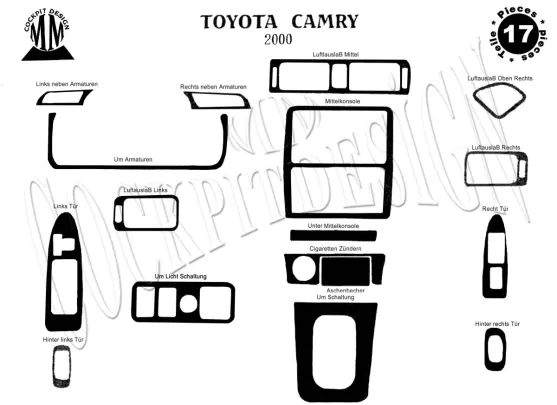 Toyota Camry 01.00-12.02 Kit de garniture de tableau de bord intérieur 3D Dash Trim Dekor 17-Parts - 1