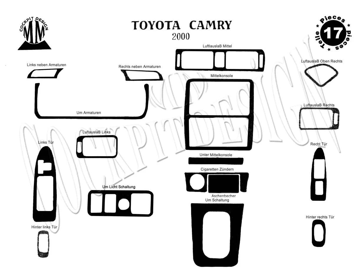 Toyota Camry 01.00-12.02 Kit de garniture de tableau de bord intérieur 3D Dash Trim Dekor 17-Parts - 1