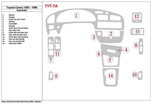 Toyota Camry 1992-1996 Automatische Versnellingsbak, 14 Onderdelen set Interieur BD Dash Trim Kit - 1 Toyota Camry 1992-1996 Automatische Versnellingsbak, 14 Onderdelen set Interieur BD Dash Trim Kit - 1