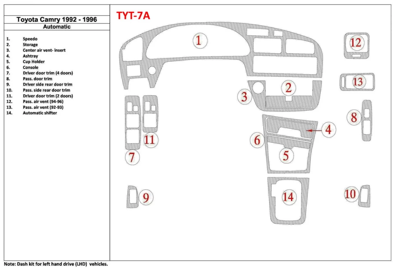 Toyota Camry 1992-1996 Automatische Versnellingsbak, 14 Onderdelen set Interieur BD Dash Trim Kit - 1