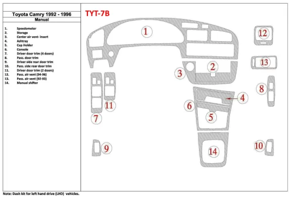 Toyota Camry 1992-1996 Handgeschakelde Versnellingsbak, 14 Onderdelen set Interieur BD Dash Trim Kit - 1 Toyota Camry 1992-1996 Handgeschakelde Versnellingsbak, 14 Onderdelen set Interieur BD Dash Trim Kit - 1