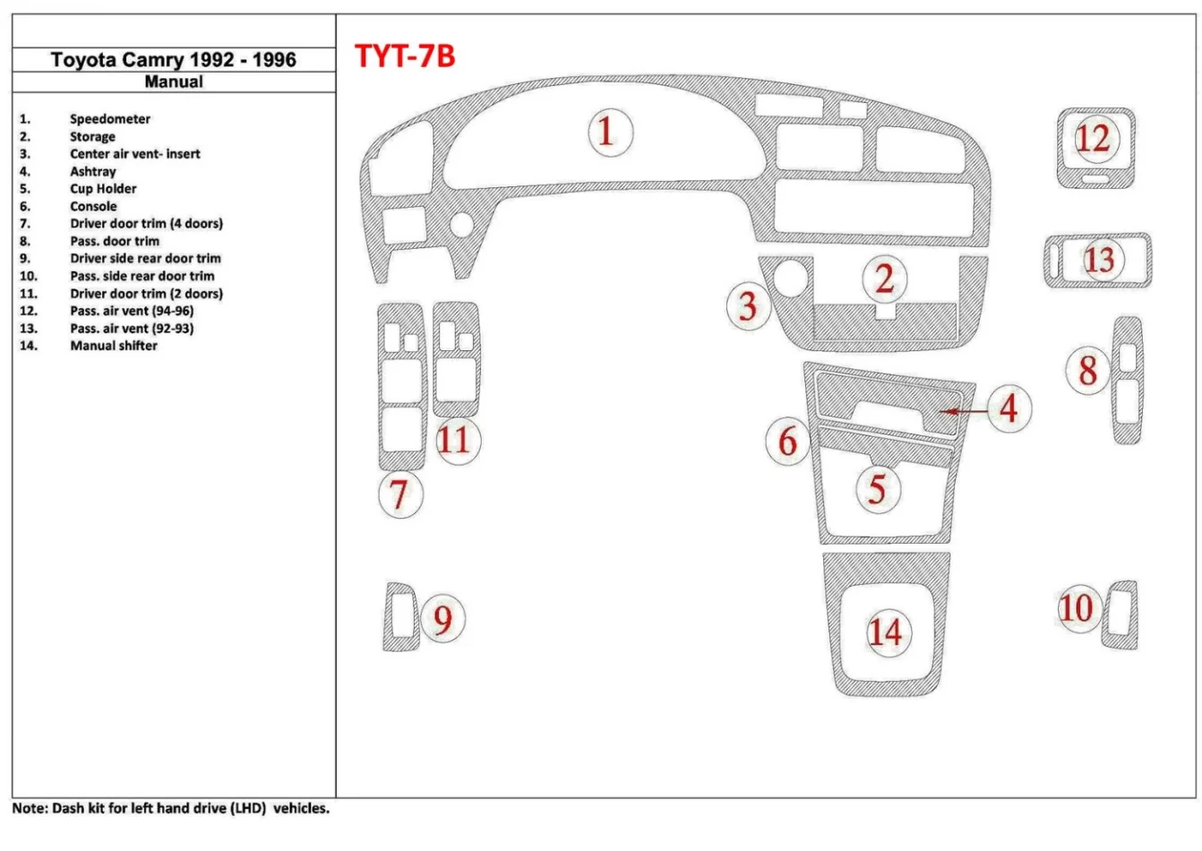 Toyota Camry 1992-1996 Handgeschakelde Versnellingsbak, 14 Onderdelen set Interieur BD Dash Trim Kit - 1