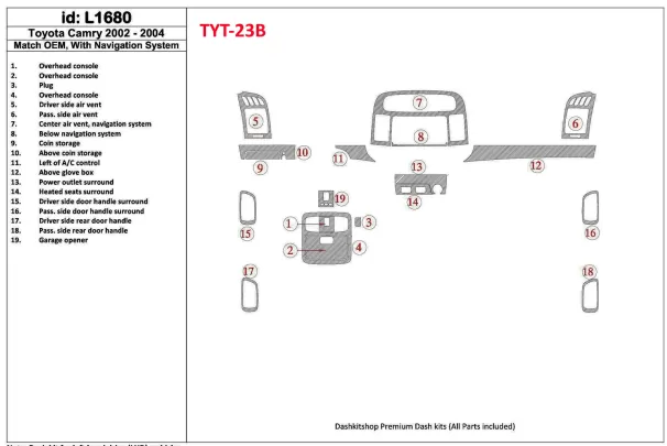 Toyota Camry 2002-2004 Basic Set, Met NAVI-systeem, Zonder OEM Interieur BD Dash Trim Kit - 1