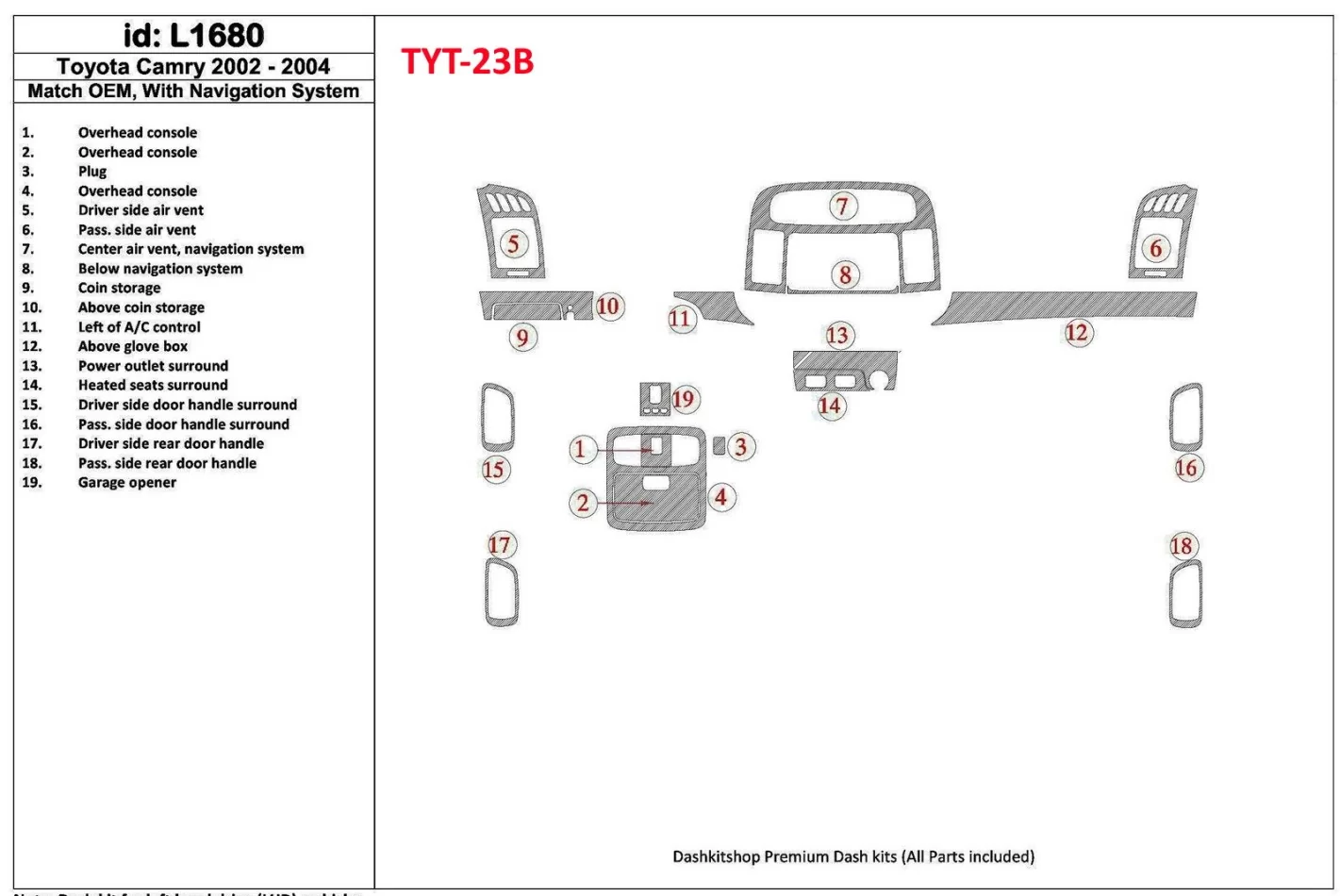 Toyota Camry 2002-2004 Basic Set, Met NAVI-systeem, Zonder OEM Interieur BD Dash Trim Kit - 1