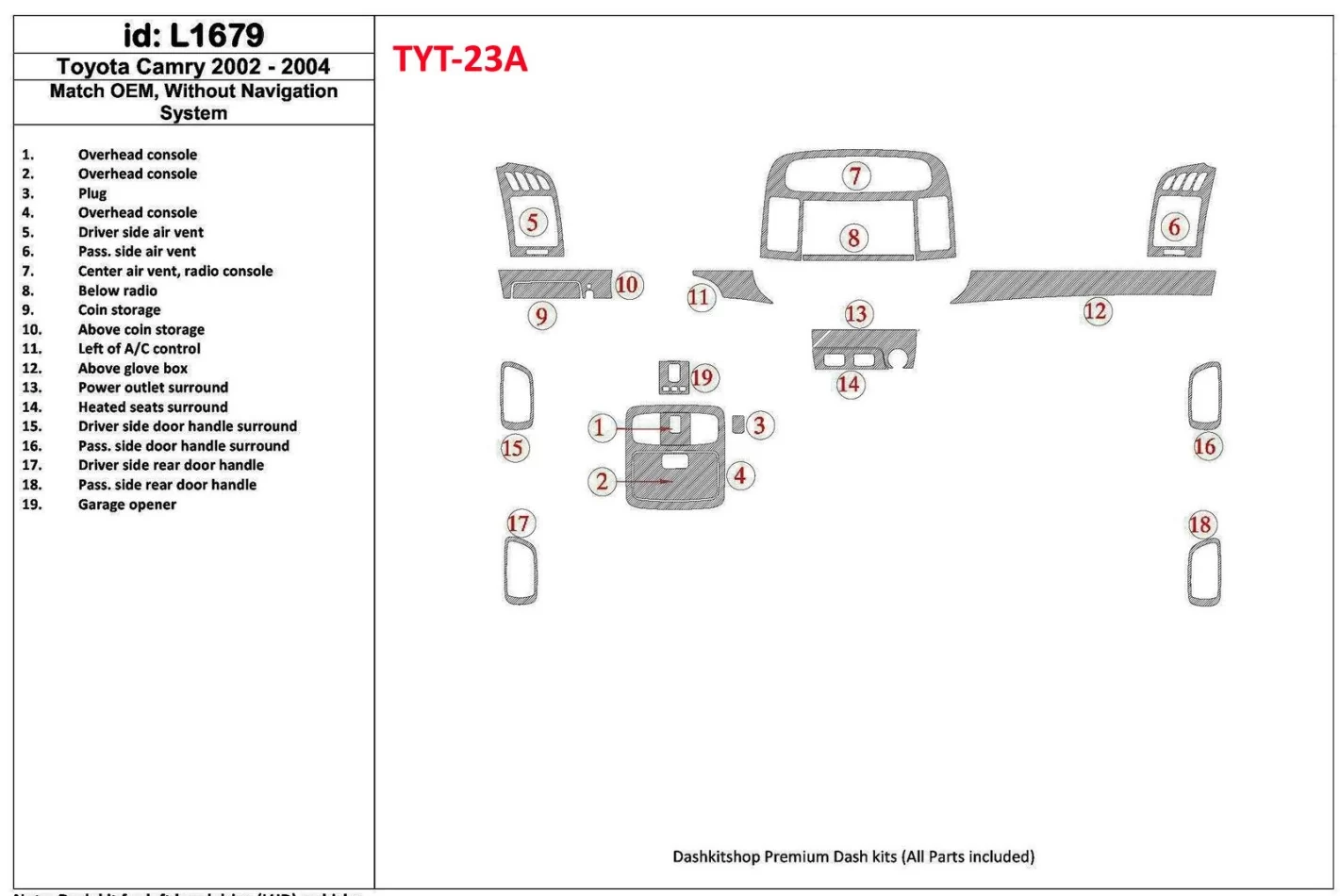 Toyota Camry 2002-2004 Basic Set, Zonder NAVI-systeem, Zonder OEM Interieur BD Dash Trim Kit - 1