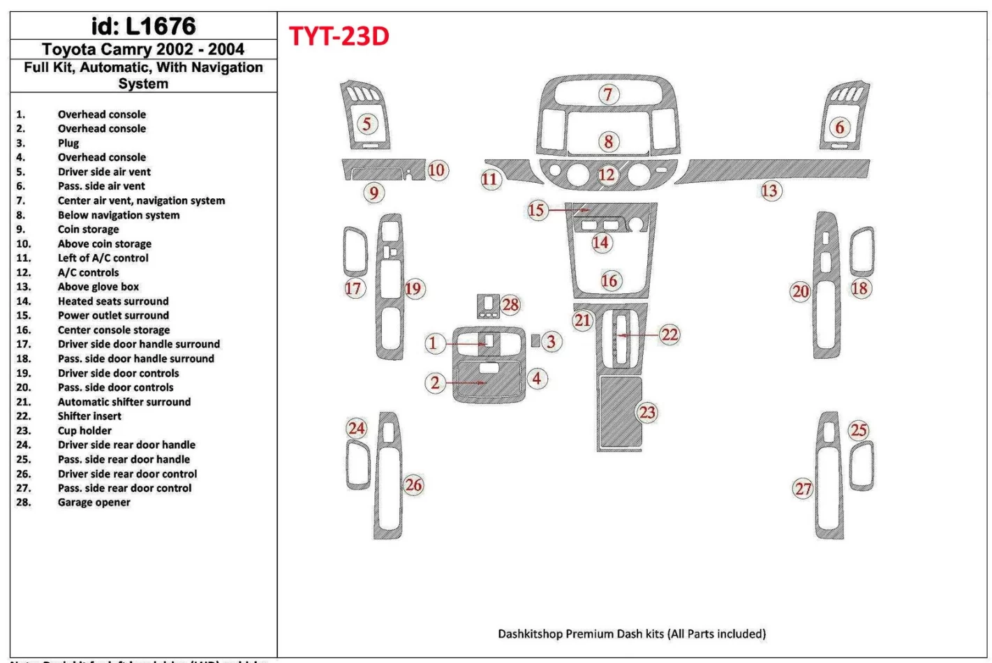 Ensemble complet Toyota Camry 2002-2004, vitesse automatique, avec système NAVI, sans kit de garniture de tableau de bord BD int