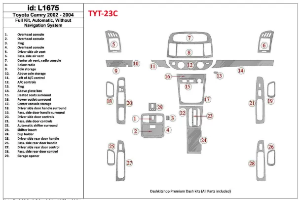Toyota Camry 2002-2004 Volledige set, automatische versnelling, zonder NAVI-systeem, zonder OEM interieur BD Dash Trim Kit - 1