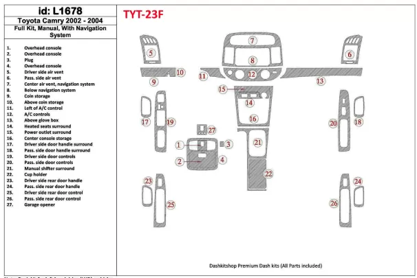 Ensemble complet Toyota Camry 2002-2004, boîte de vitesses manuelle, avec système NAVI, sans kit de garniture de tableau de bord