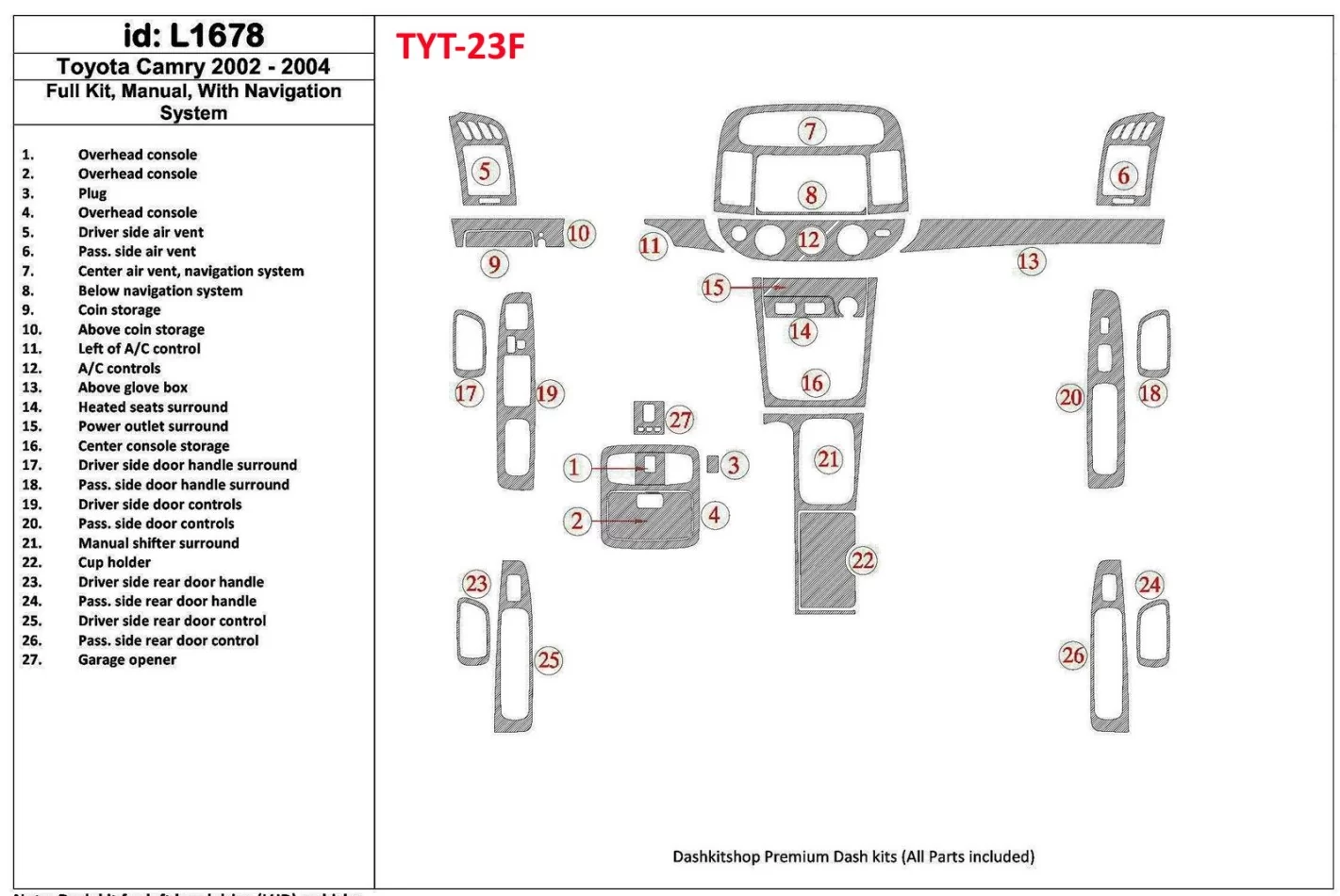 Toyota Camry 2002-2004 Volledige set, handmatige versnellingsbak, met NAVI-systeem, zonder OEM interieur BD dashboardafwerkingss