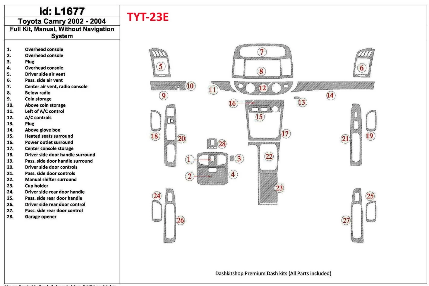 Toyota Camry 2002-2004 Volledige set, handgeschakelde versnellingsbak, zonder NAVI-systeem, zonder OEM interieur BD dashboardafw