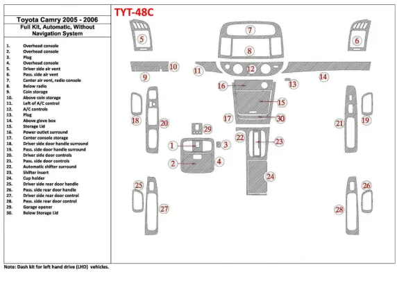 Ensemble complet Toyota Camry 2005-2006, vitesse automatique, sans système NAVI, sans kit de garniture de tableau de bord BD int Ensemble complet Toyota Camry 2005-2006, vitesse automatique, sans système NAVI, sans kit de garniture de tableau de bord BD int