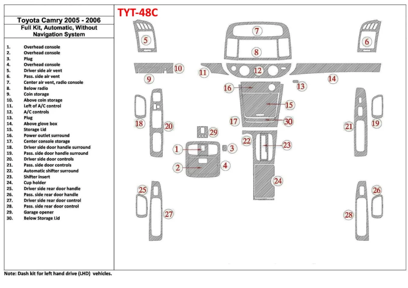 Toyota Camry 2005-2006 Volledige set, automatische versnelling, zonder NAVI-systeem, zonder OEM interieur BD Dash Trim Kit - 1