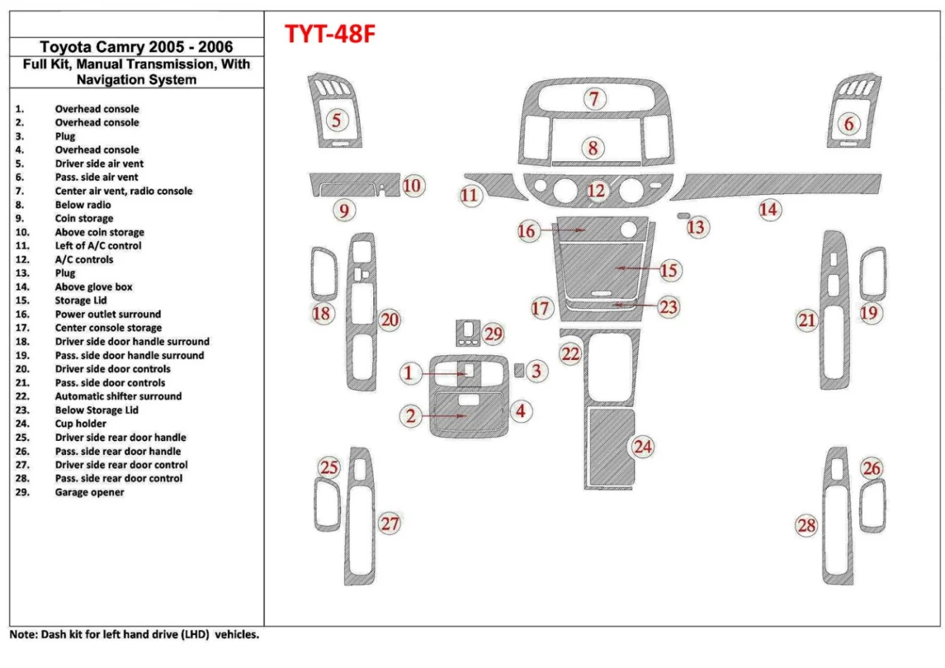Ensemble complet Toyota Camry 2005-2006, boîte de vitesses manuelle, avec système NAVI, sans kit de garniture de tableau de bord