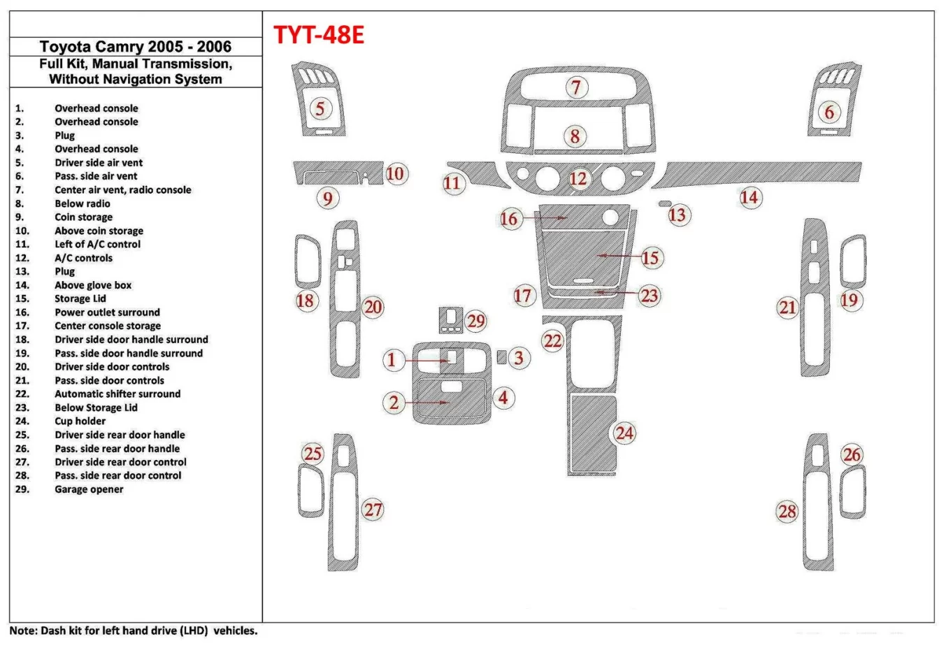 Toyota Camry 2005-2006 Volledige set, handgeschakelde versnellingsbak, zonder NAVI-systeem, zonder OEM interieur BD dashboardafw
