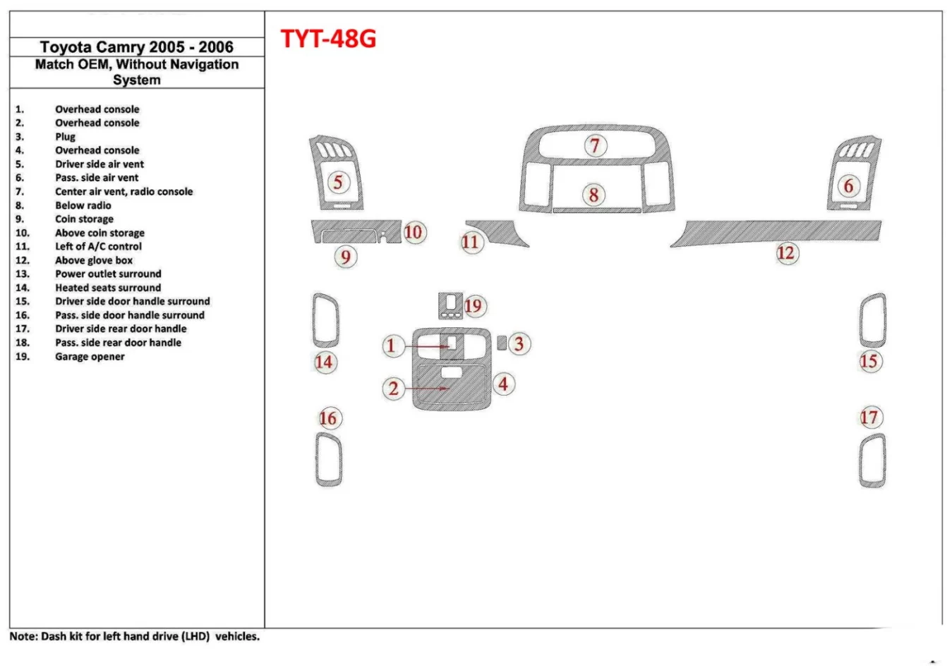 Toyota Camry 2005-2006 OEM-naleving, zonder NAVI-systeem Interieur BD Dash Trim Kit - 1