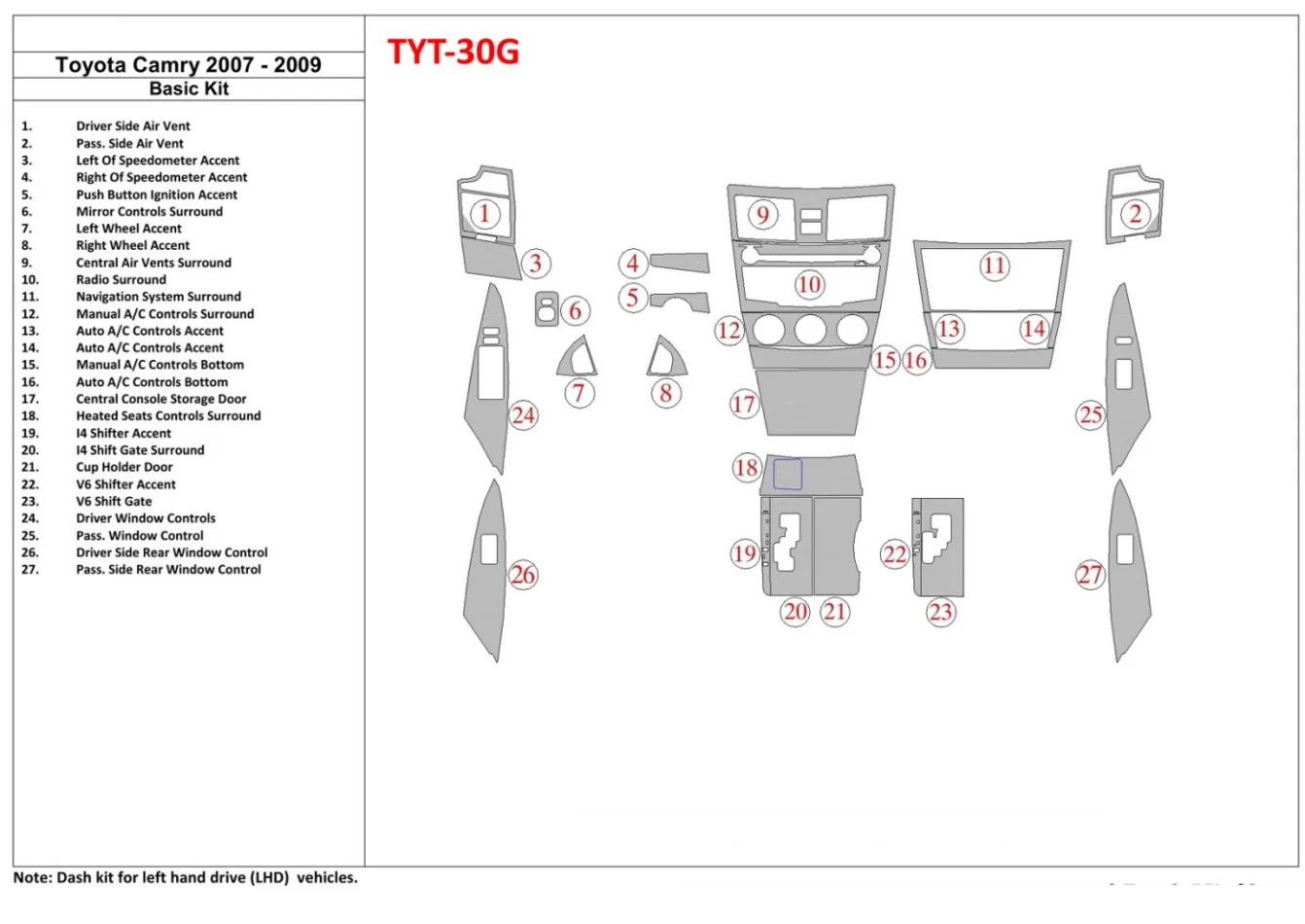 Toyota Camry 2007-2010 Basic Set Interieur BD Dash Trim Kit - 1