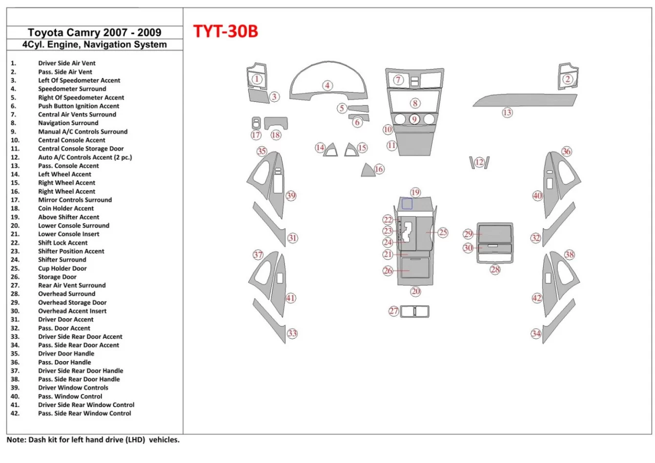 Toyota Camry 2007-2010 Volledige Set, 4 Cyl Met NAVI Interieur BD Dash Trim Kit - 1