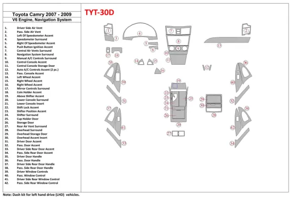Ensemble complet Toyota Camry 2007-2010, 6 cylindres avec kit de garniture de tableau de bord intérieur NAVI BD - 1