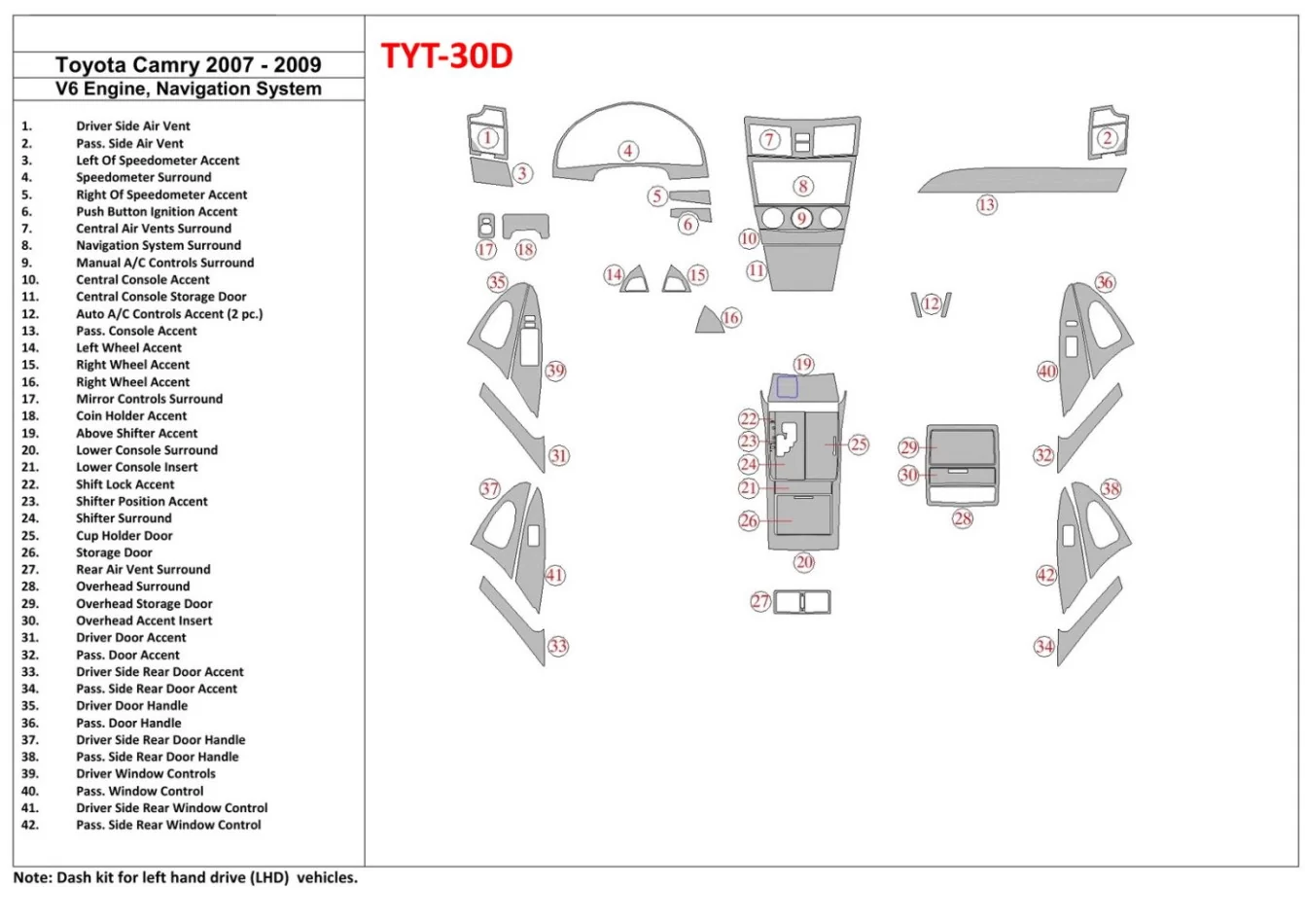 Toyota Camry 2007-2010 Volledige Set, 6 Cyl Met NAVI Interieur BD Dash Trim Kit - 1