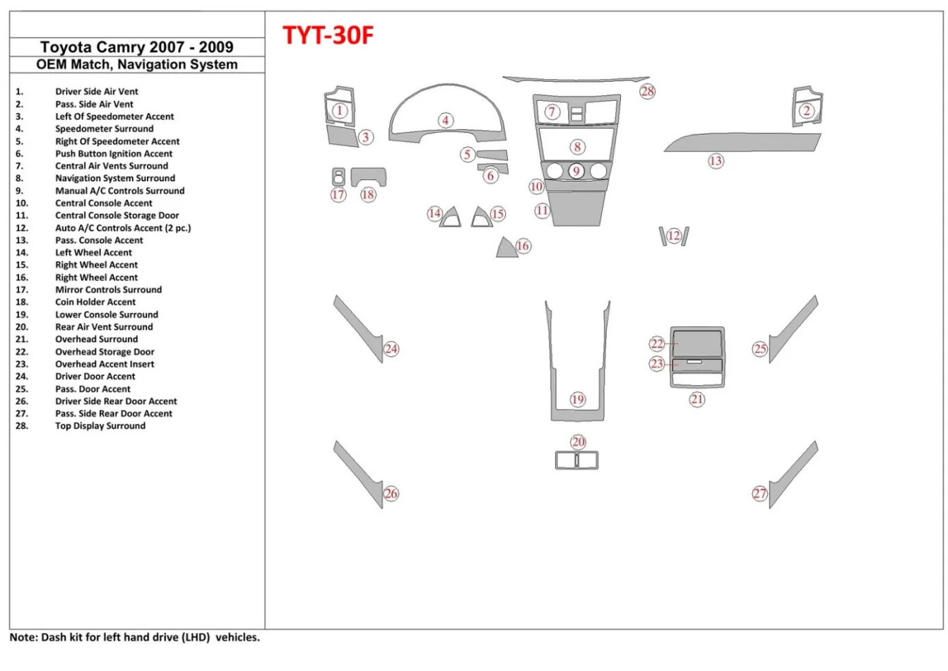 Toyota Camry 2007-2010 Volledige set, met OEM Wood Kit, met NAVI Interior BD Dash Trim Kit - 1