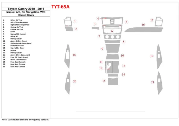 Toyota Camry 2010-2011 handmatige klimaatregeling, zonder NAVI Interior BD Dash Trim Kit - 1 Toyota Camry 2010-2011 handmatige klimaatregeling, zonder NAVI Interior BD Dash Trim Kit - 1