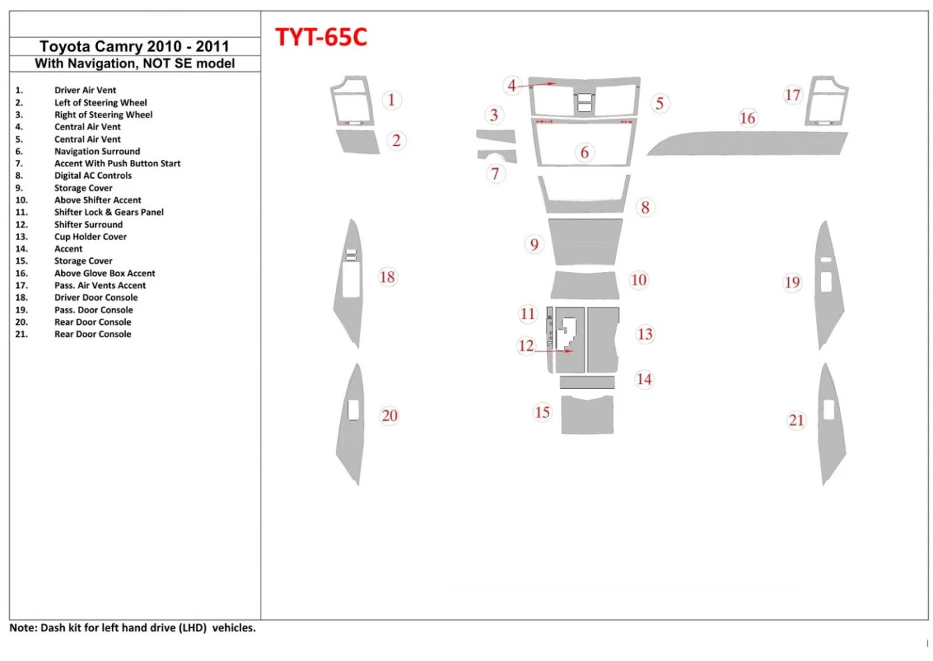 Toyota Camry 2010-2011 Met NAVI, SE Model Interieur BD Dash Trim Kit - 1