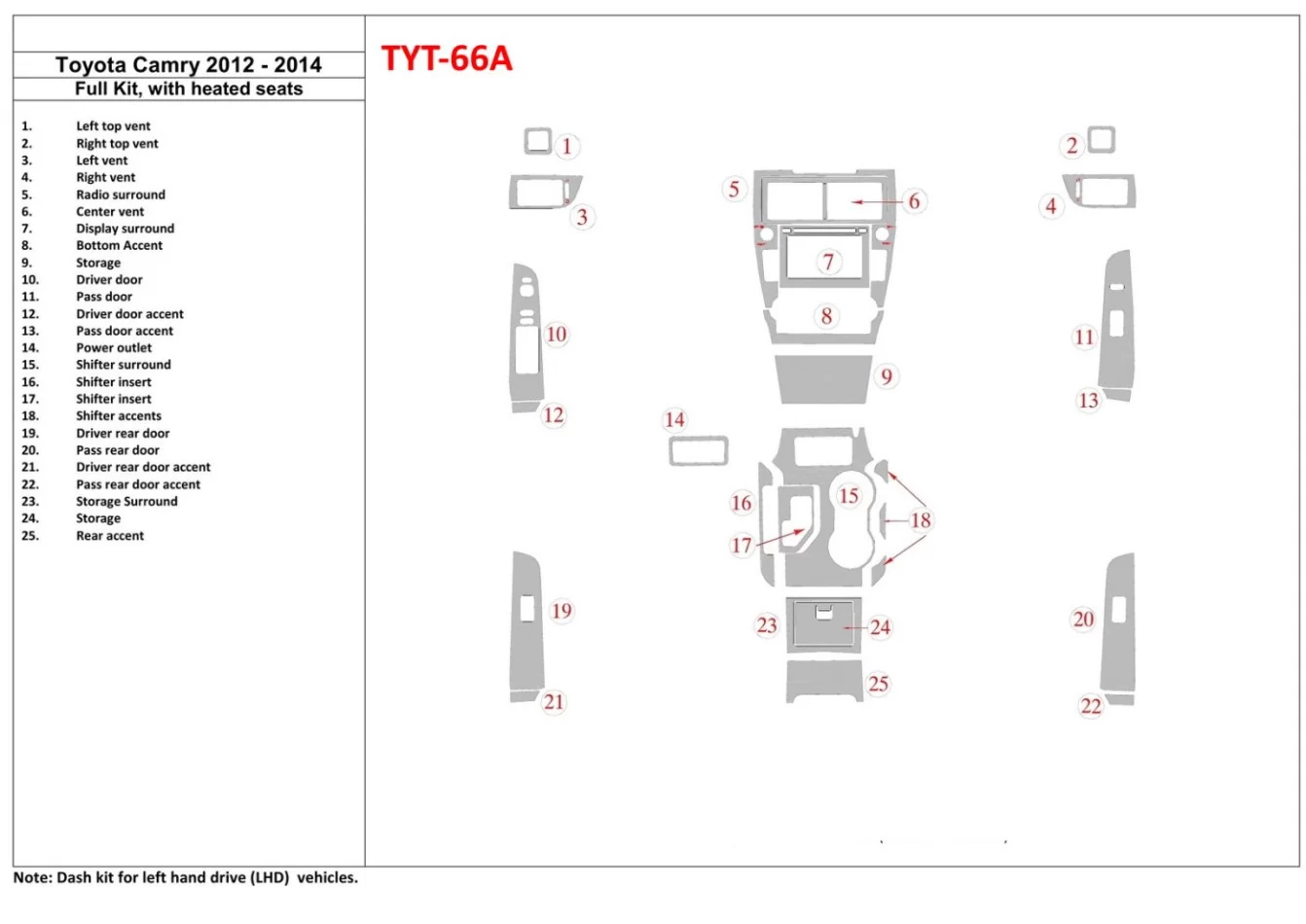Toyota Camry 2012-UP Volledige set, met stoelverwarming Interieur BD Dash Trim Kit - 1