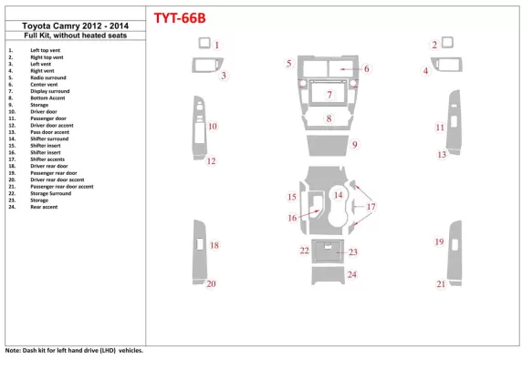 Toyota Camry 2012-UP Volledige set, zonder stoelverwarming Interieur BD Dash Trim Kit - 1 Toyota Camry 2012-UP Volledige set, zonder stoelverwarming Interieur BD Dash Trim Kit - 1