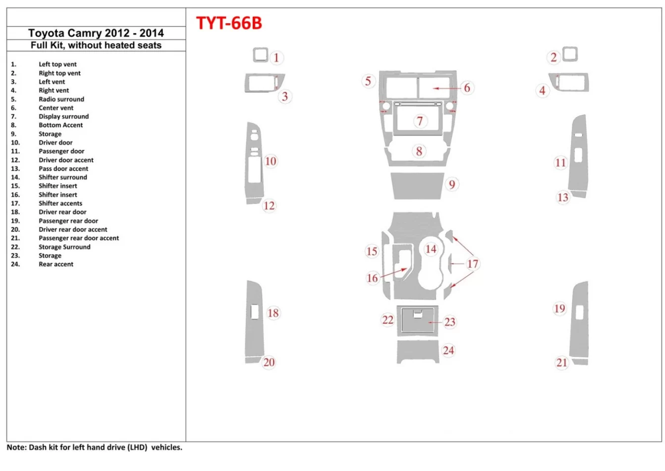 Toyota Camry 2012-UP Volledige set, zonder stoelverwarming Interieur BD Dash Trim Kit - 1