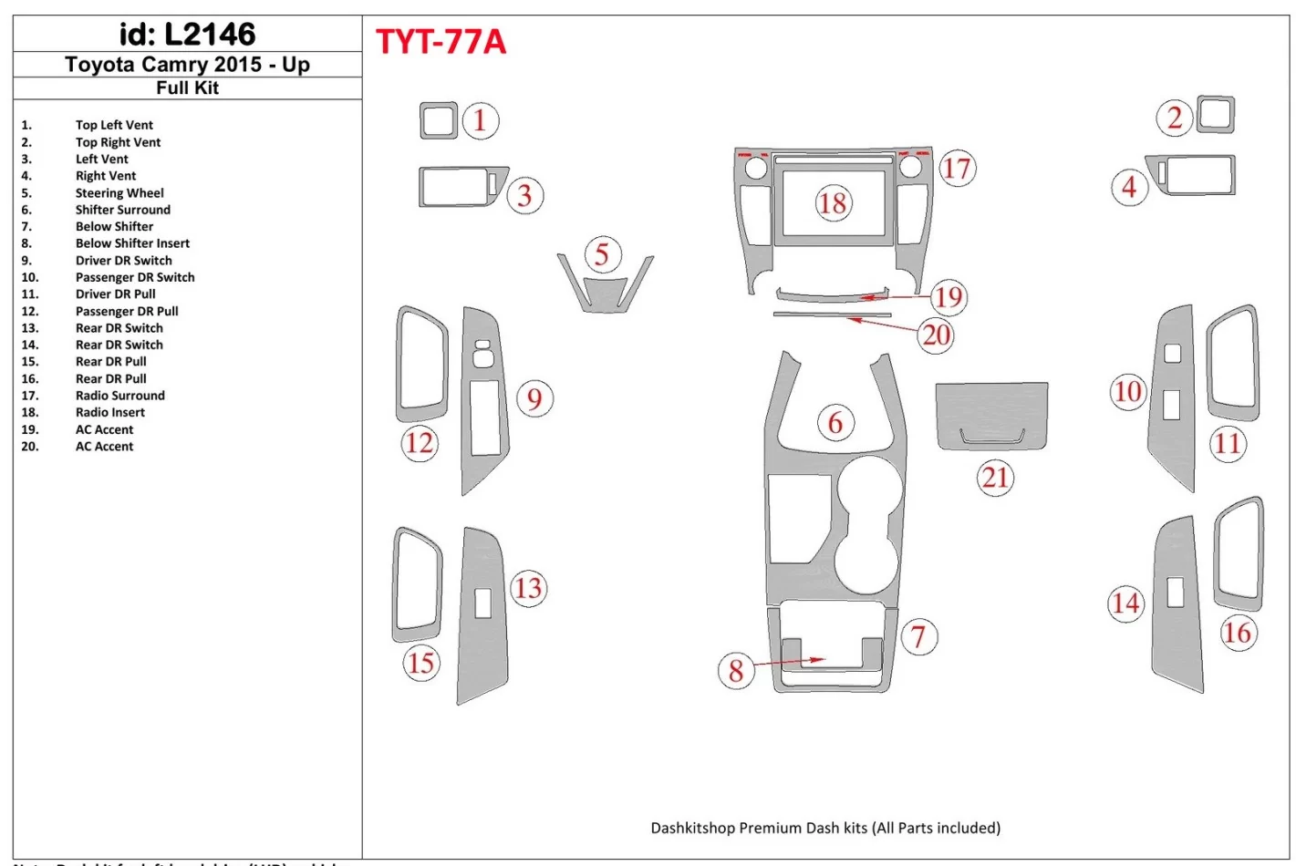 Toyota Camry 2015-UP Volledige set interieur BD Dash Trim Kit - 1