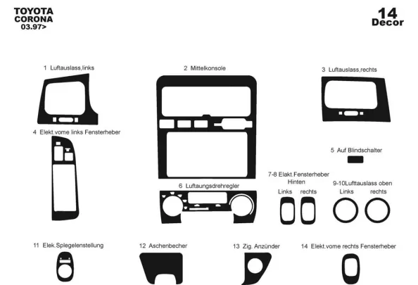 Toyota Corolla 03.97-02.02 Kit de garniture de tableau de bord intérieur 3D Dash Trim Dekor 14-Parts - 1 Toyota Corolla 03.97-02.02 Kit de garniture de tableau de bord intérieur 3D Dash Trim Dekor 14-Parts - 1