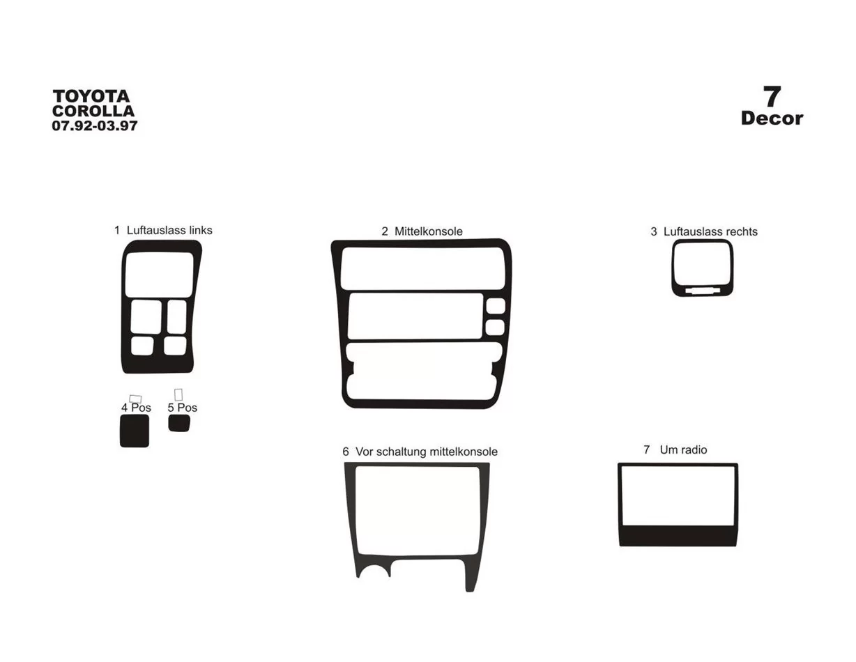 Toyota Corolla 07.92-02.97 Kit de garniture de tableau de bord intérieur 3D Dash Trim Dekor 7-Parts - 1