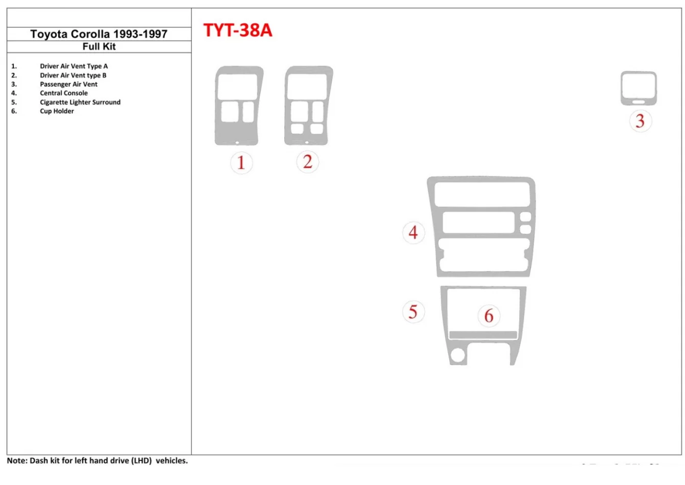 Toyota Corolla 1993-1997 Ensemble complet de garnitures de tableau de bord intérieur BD - 1