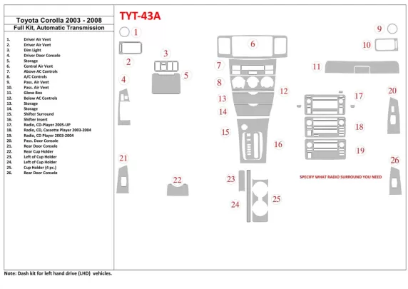Toyota Corolla 2003-2008 Ensemble complet de garnitures de tableau de bord intérieur BD - 1 Toyota Corolla 2003-2008 Ensemble complet de garnitures de tableau de bord intérieur BD - 1