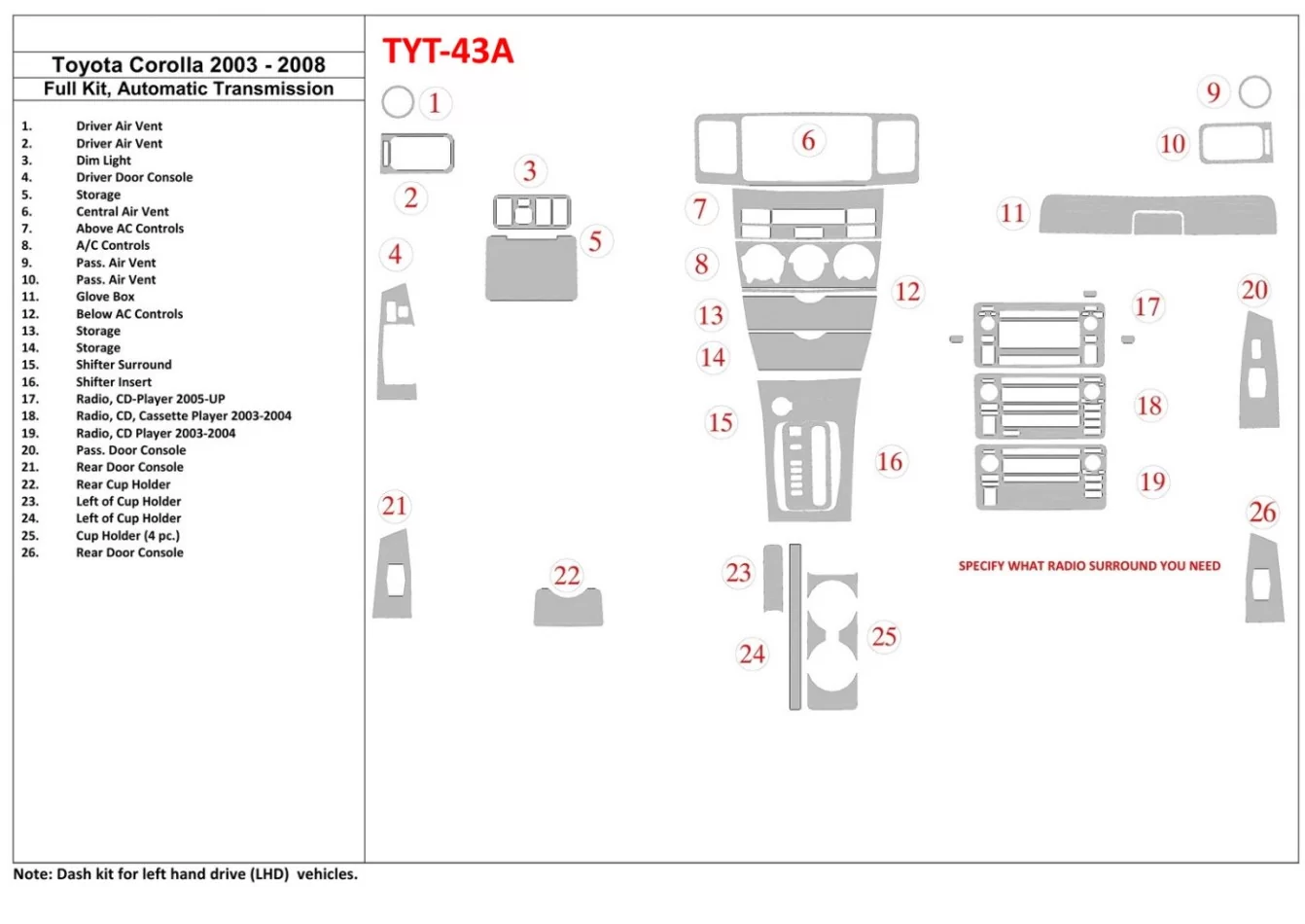 Toyota Corolla 2003-2008 Ensemble complet de garnitures de tableau de bord intérieur BD - 1