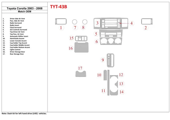 Toyota Corolla 2003-2008 Kit de garniture de tableau de bord BD intérieur conforme OEM - 1 Toyota Corolla 2003-2008 Kit de garniture de tableau de bord BD intérieur conforme OEM - 1
