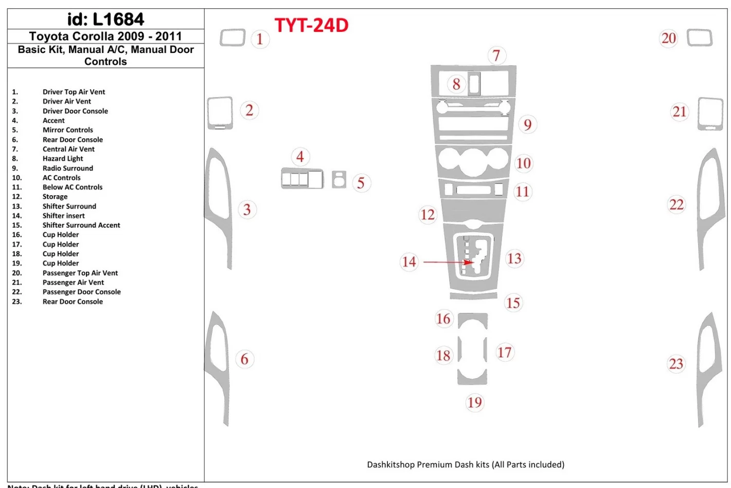Ensemble de base Toyota Corolla 2009-UP, boîte de vitesses manuelle, commandes de portes, intérieur, kit de garniture de tableau